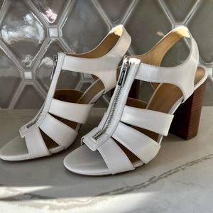 Michael Kors Damita Leather Front Zipper Heel Sandals Size 8.5, 4" heel, EUC